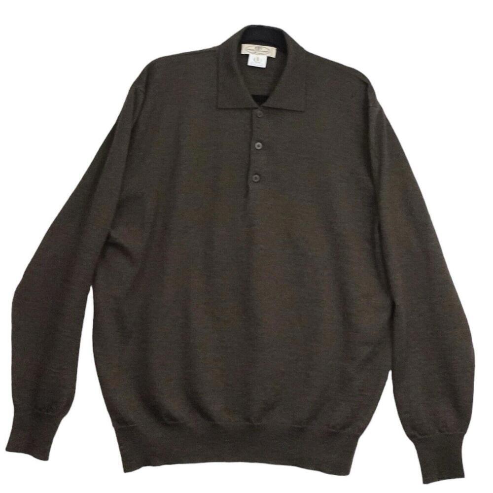 Pronto Uomo Sweater Mens XL Chocolate Brown Pure Virgin Wool Collared 1/4 Button